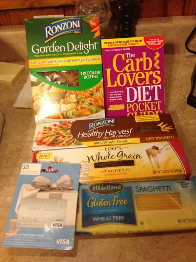 Of course, being the child I am, I had to rip into it to see what I won! The box was filled with all different types of pasta, ranging from gluten-free to veggie, The Carb Lovers Diet pocket guide, a spaghetti spoon and a $25 Visa gift card!