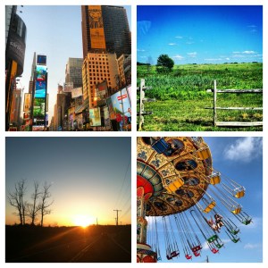 The Sky's The Limit! If you know me, you know I love taking pictures, especially of sunset and landscapes. Here are a few of my favorites from 2012: Top Left: Times Square while walking to Sweet Suite at BlogHer. Top Right: Open field on my way to the mall. Bottom Left: Sunset on my drive home. Bottom Right: My daughter and friend swinging high above Point Pleasant.