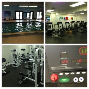 Top left: Pool Area, Top Right: Cardio Area, Bottom Left: Weight Area, Bottom Right: My first attempt on the hamster wheel.